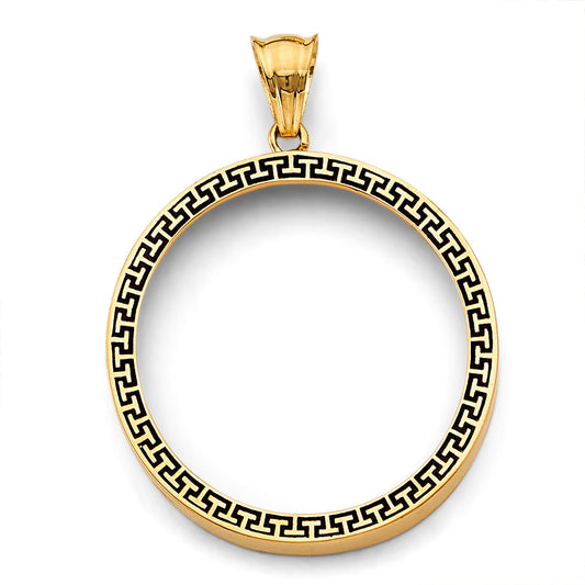 14K Yellow Gold Greek Key 50 Pesos / Centenario Pendant with Black Enamel