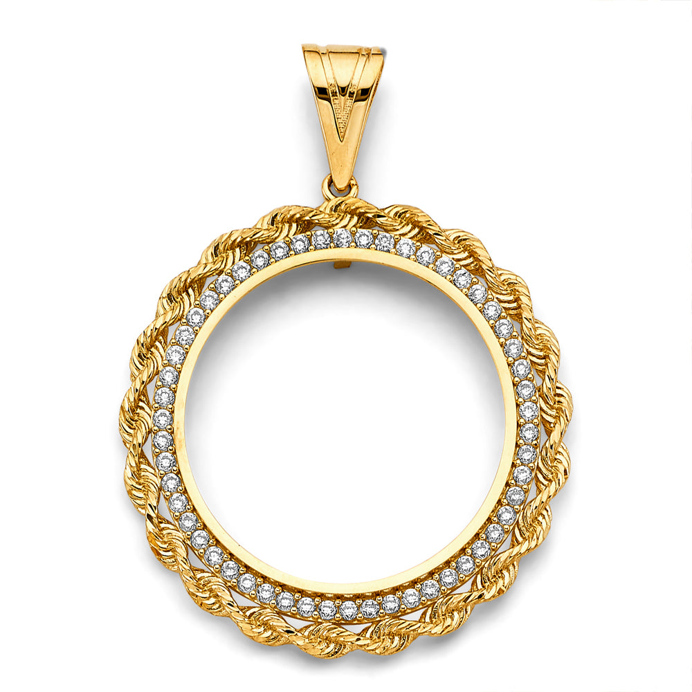 14K Yellow Gold Rope Desing 50 Pesos / Centenario Pendant with CZ Accents