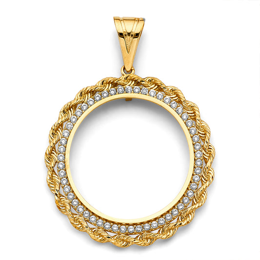 14K Yellow Gold Rope Desing 50 Pesos / Centenario Pendant with CZ Accents