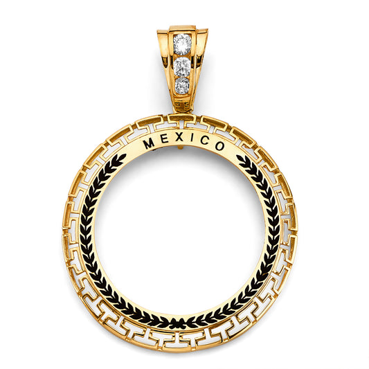 14K Yellow Gold Greek Key 50 Pesos / Centenario Pendant with Mexico and Black Enamel Accents