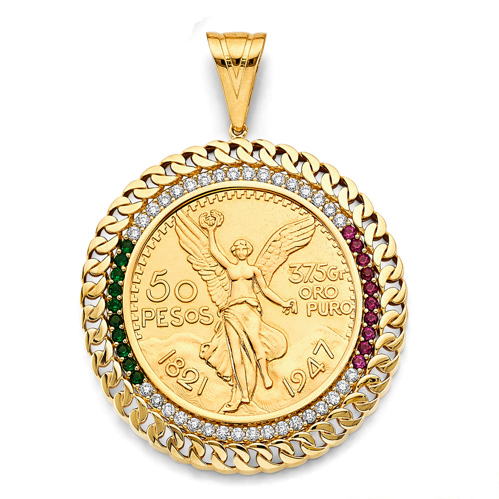 14K Yellow Gold 50 Pesos Coin Pendant with Cuban Link Frame and Multicolor CZ Stones