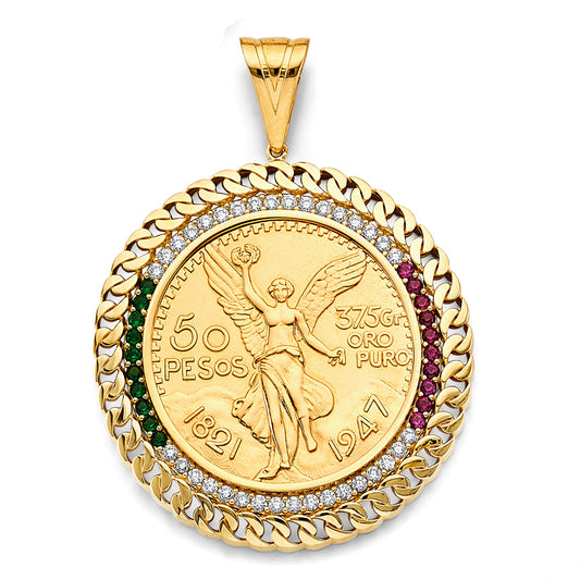 14K Yellow Gold 50 Pesos Coin Pendant with Cuban Link Frame and Multicolor CZ Stones