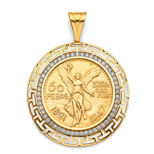14K Yellow Gold 50 Pesos Coin Pendant with Greek Key Frame and CZ Stones