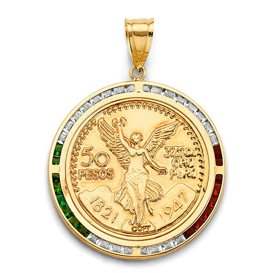 14K Yellow Gold 50 Pesos Coin Light Weight Pendant with Multicolor CZ Accents