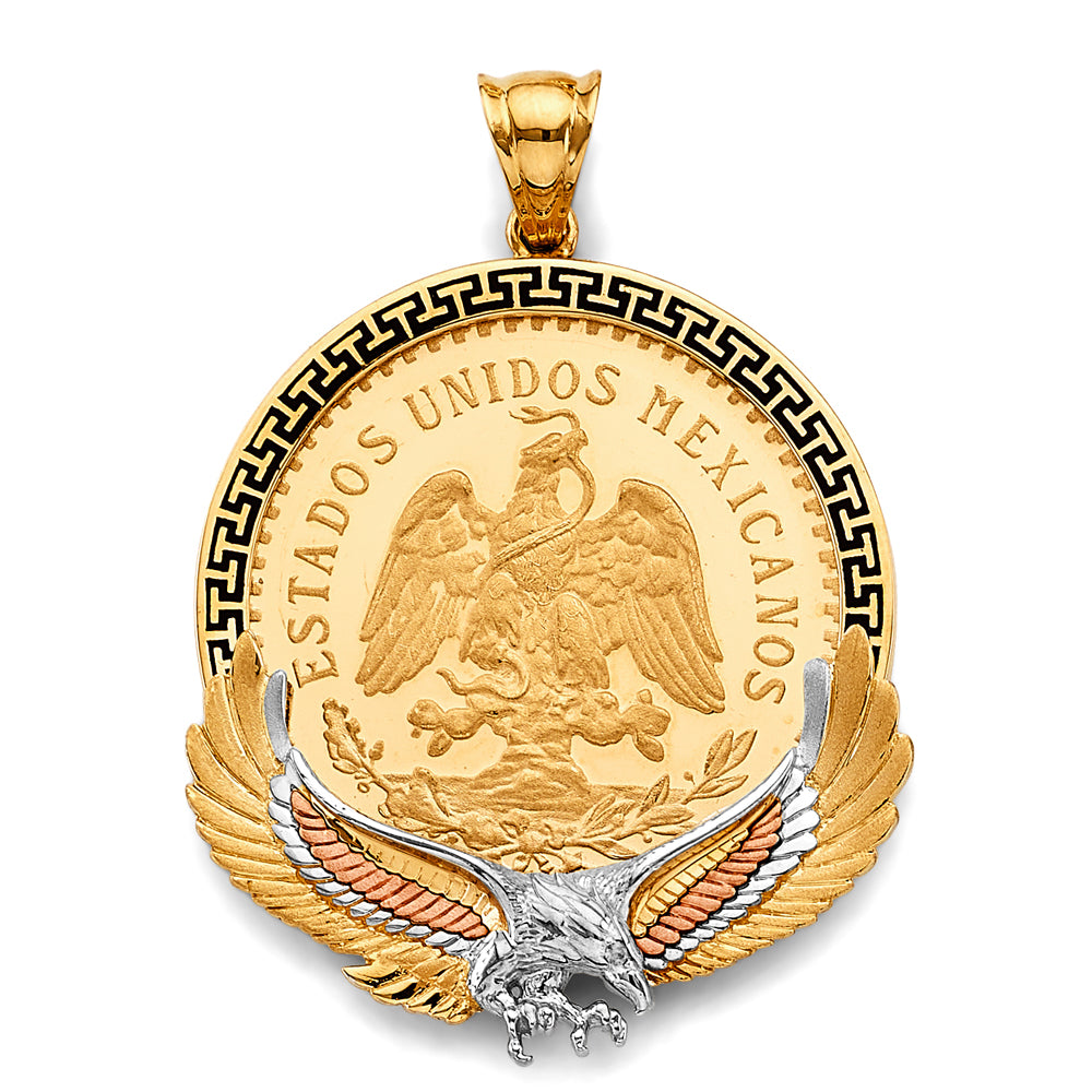 14K Tri-Color Gold Mexican Coin Pendant with Eagle Accent and Black Enamel