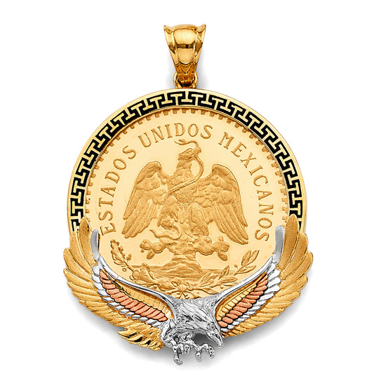 14K Tri-Color Gold Mexican Coin Pendant with Eagle Accent and Black Enamel