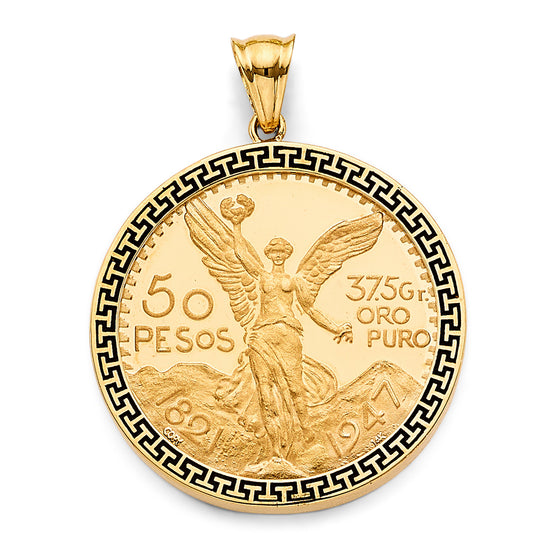 14K Yellow Gold 50 Pesos Coin Pendant with Black Enamel Greek Key Border
