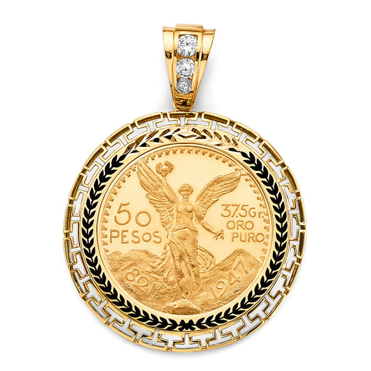 14K Yellow Gold 50 Pesos Coin Pendant with Greek Key and Black Enamel Accents