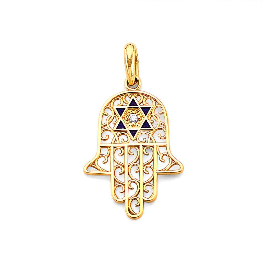 14K Yellow Gold Filigree Hamsa Hand Design Star of David CZ Pendant