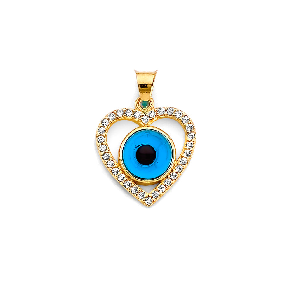 14K Yellow Gold Heart Evil Eye Design CZ Pendant