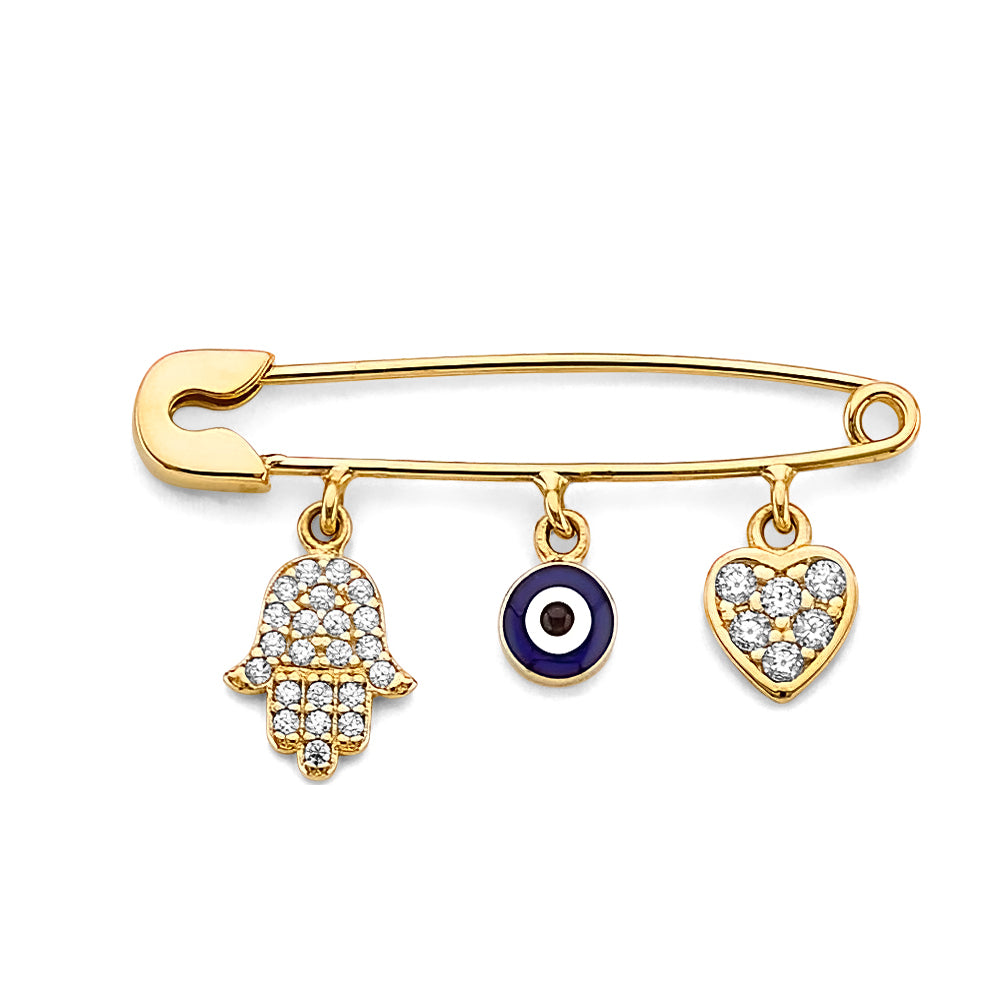 14K Yellow Gold Safety Pin Hamsa Evil Eye Heart Design CZ Brooch