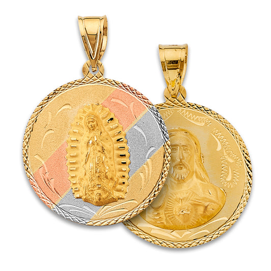 14K Tri-Color Gold Double Sided Guadalupe & Sacred Heart Medallion