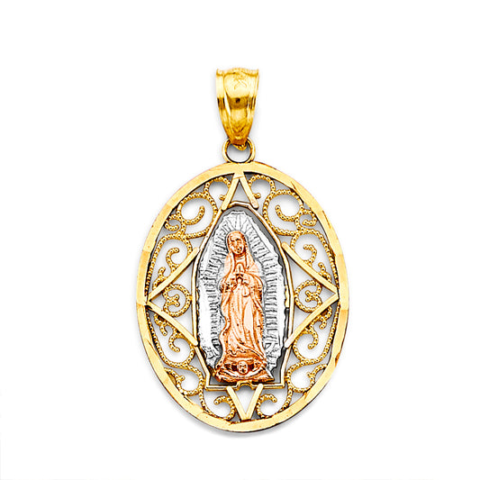 14K Two-Tone Gold  Virgen de Guadalupe Oval Filigree Pendant