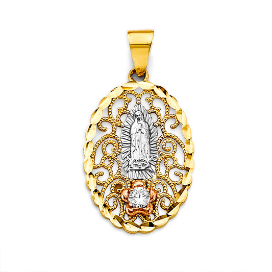 14K Tri-Color Gold Virgen de Guadalupe Filigree Pendant with CZ Accent