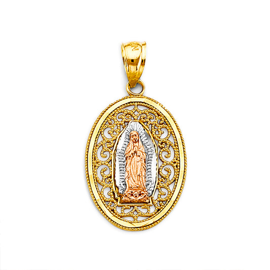 14K Tri-Color Gold Virgen de Guadalupe Oval Filigree Pendant