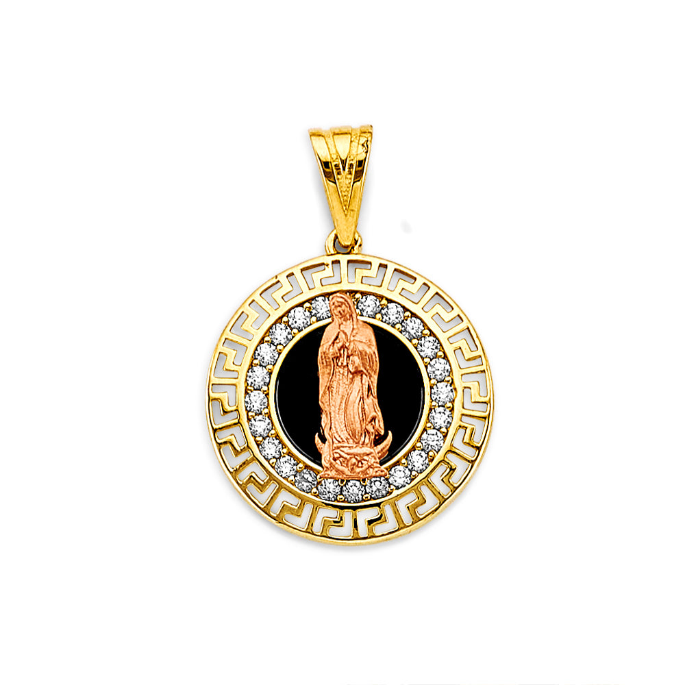 Two Tone Gold 14k Virgen de Guadalupe Round Medallion with Onyx & CZ Greek Key Border
