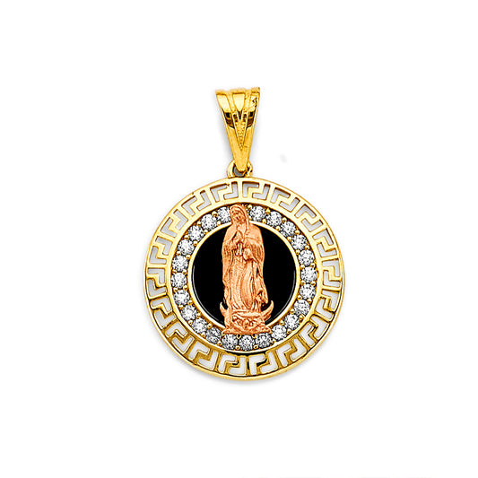 Two Tone Gold 14k Virgen de Guadalupe Round Medallion with Onyx & CZ Greek Key Border