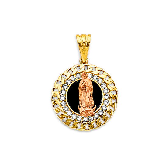 Two Tone Gold 14k Virgen de Guadalupe Round Medallion with Onyx & CZ Curb Chain Style Border