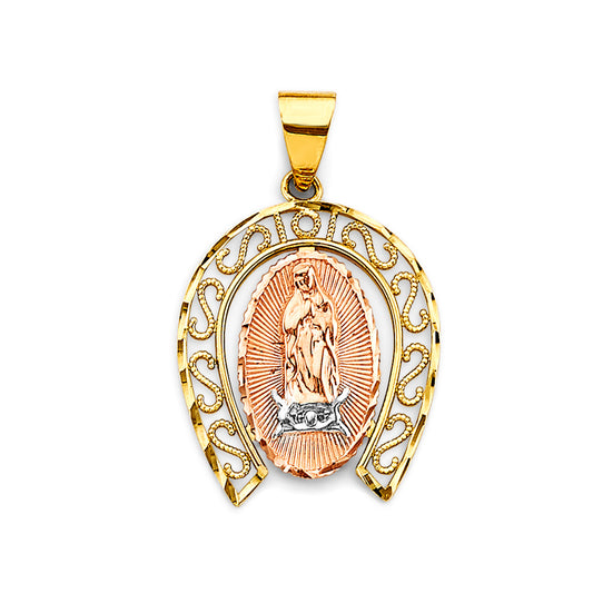 14K Tri-Color Gold  Virgen de Guadalupe Horseshoe Medallion