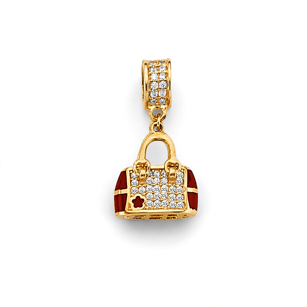 14K Yellow Gold Handbag Design CZ Charm with Red Enamel Accents