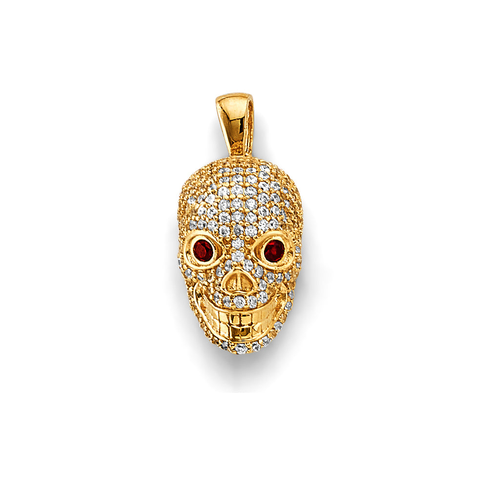 14K Yellow Gold CZ Skull Charm with Synthetic Red Ruby CZ Eyes