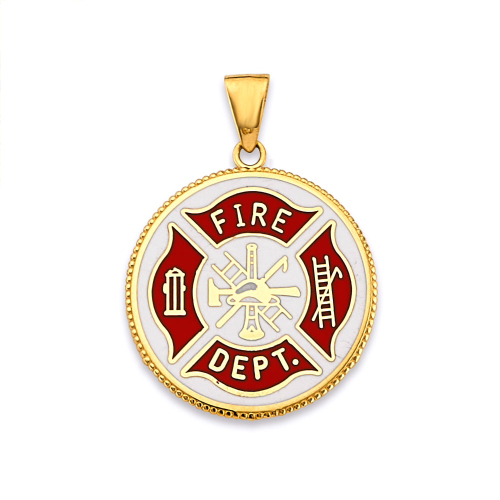 14K Yellow Gold Fire Department Enamel Medallion Pendant