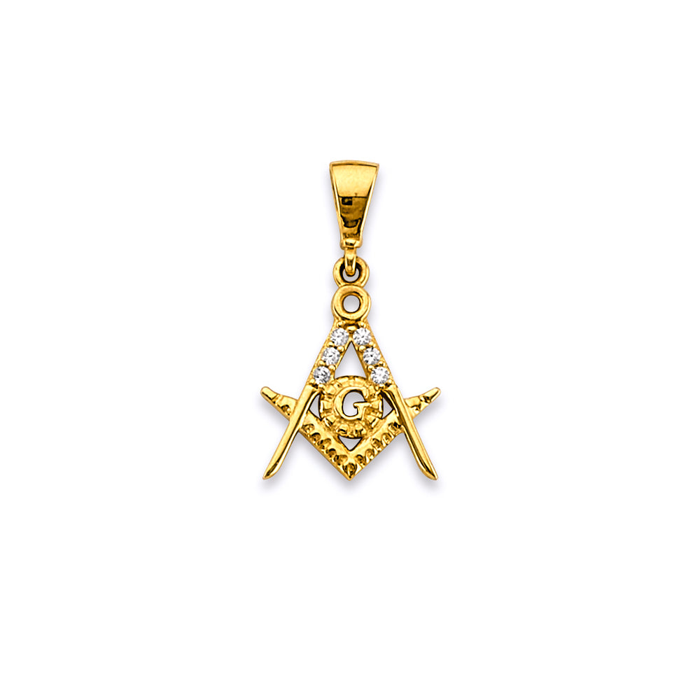 14K Yellow Gold Masonic Square & Compass CZ Pendant