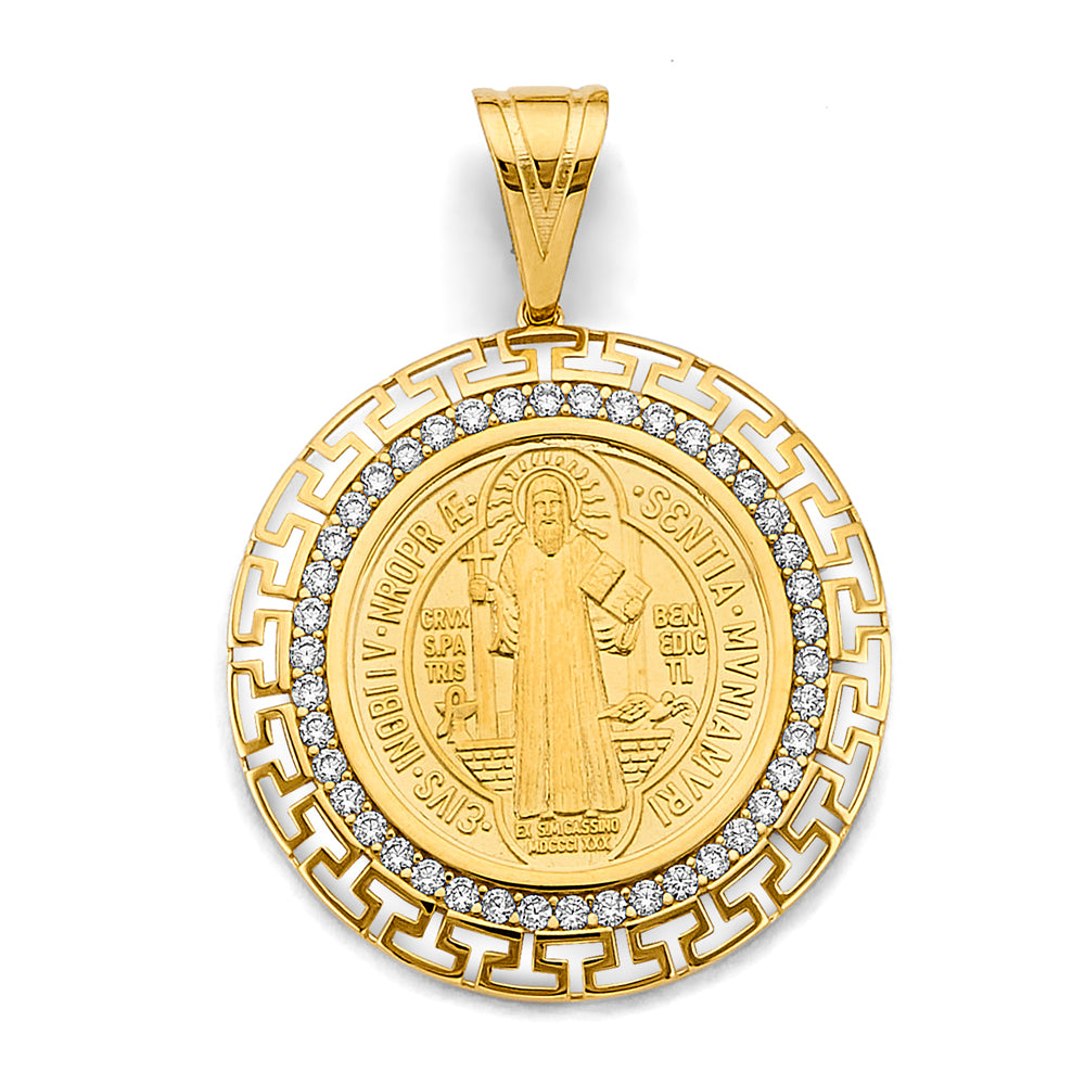 14K Yellow Gold Saint Benedict Round Greek Key CZ Medallion Pendant aprox 2" tall