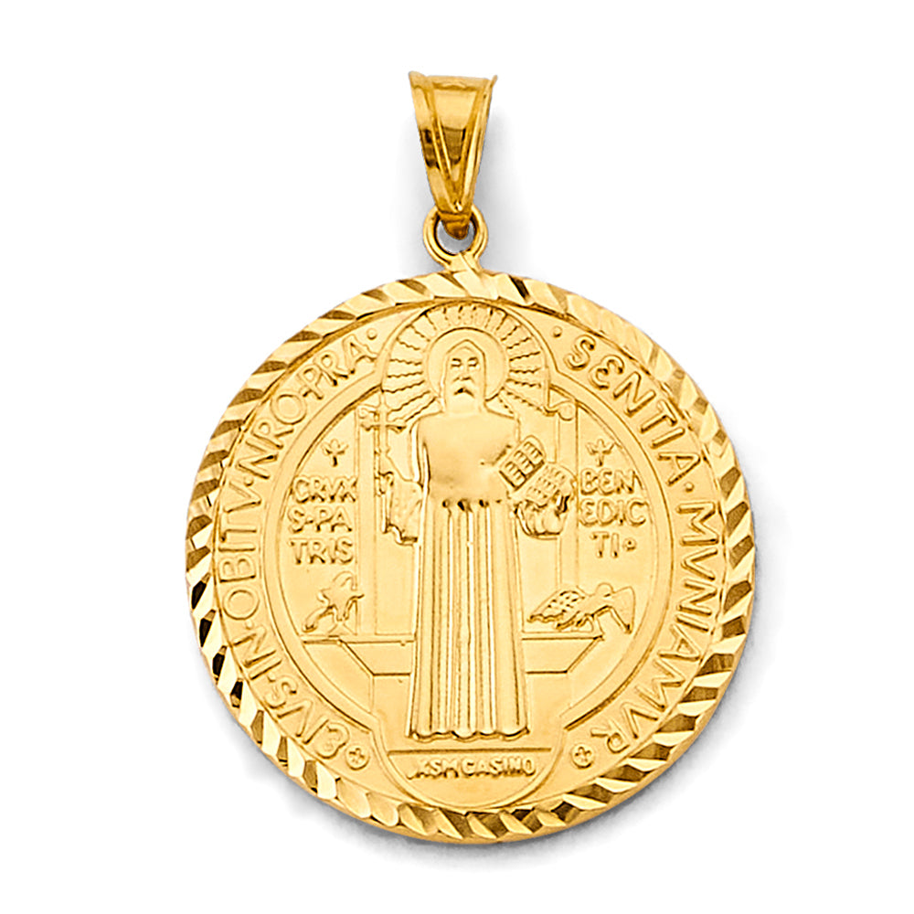 14K Yellow Gold Saint Benedict Round Diamond-Cut Medallion Pendant aprox 1 1/2" tall