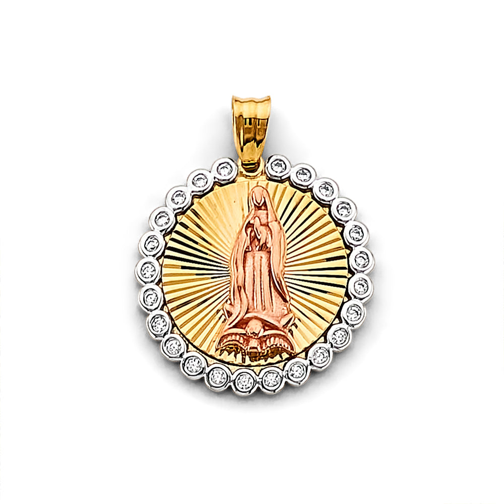 14K Tri-Color Gold Round Guadalupe Pendant with CZ Halo