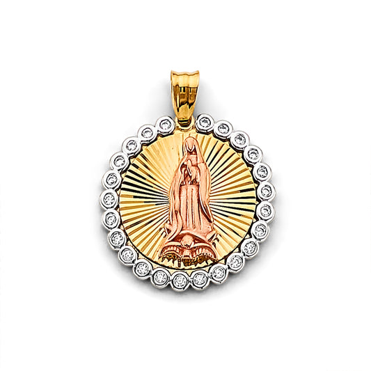 14K Tri-Color Gold Round Guadalupe Pendant with CZ Halo