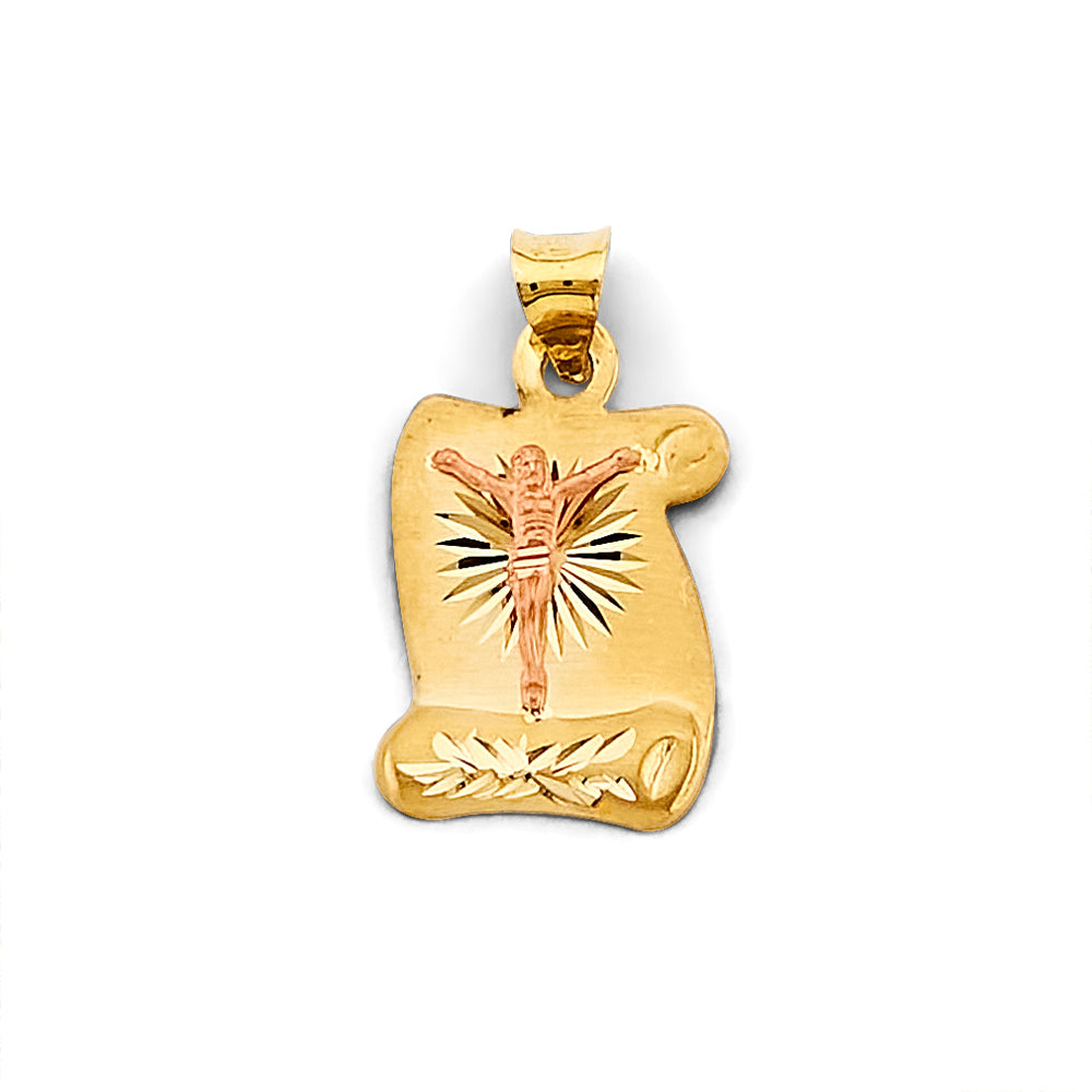 14K Two-Tone Crucifix Scroll Pendant