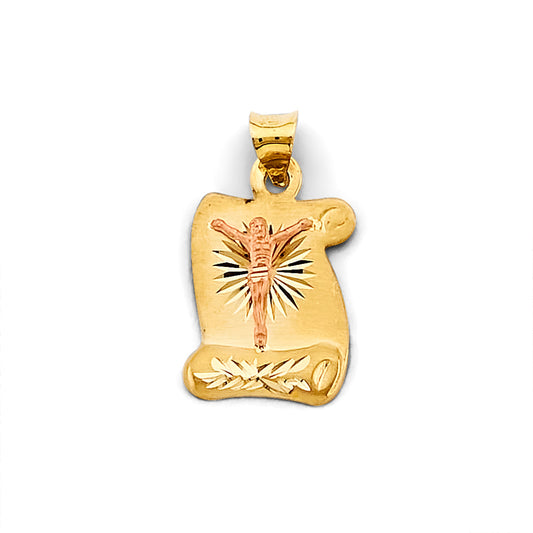 14K Two-Tone Crucifix Scroll Pendant