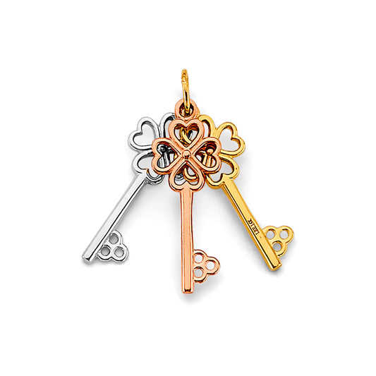 14K Tri-Color Gold Three-Key Pendant with Heart and Clover Design