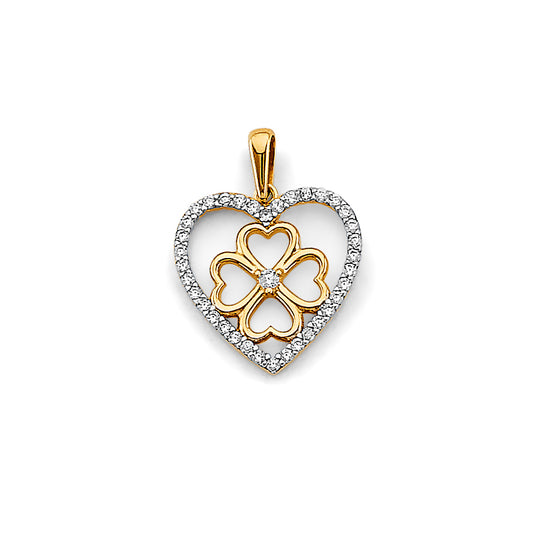 14K Yellow Gold Heart Pendant with Clover Design and Cubic Zirconia