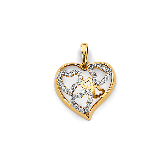 14K Two-Tone Gold Open Heart Pendant with Multiple Hearts and Cubic Zirconia
