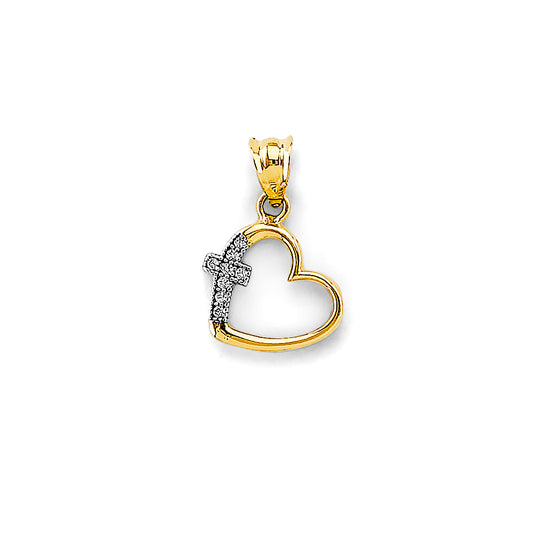14K Yellow Gold Open Heart Pendant with Cubic Zirconia Cross