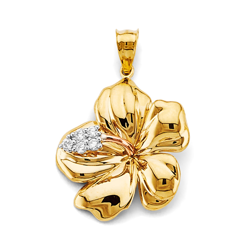 14K Yellow Gold Hibiscus Flower CZ Pendant