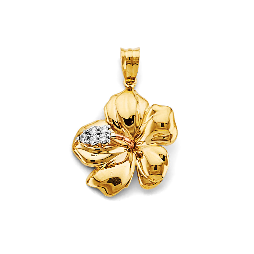 14K Yellow Gold Hibiscus Flower CZ Pendant