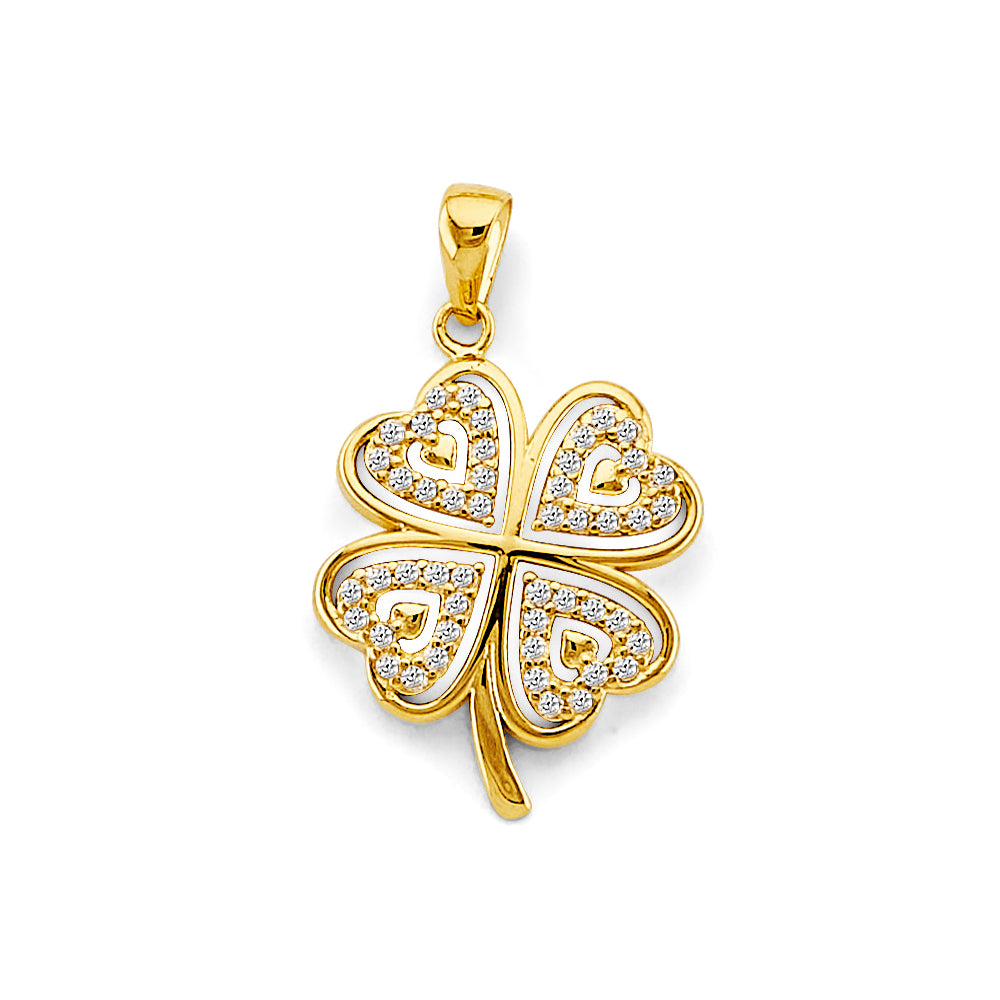 14K Yellow Gold Four-Leaf Heart Clover CZ Pendant