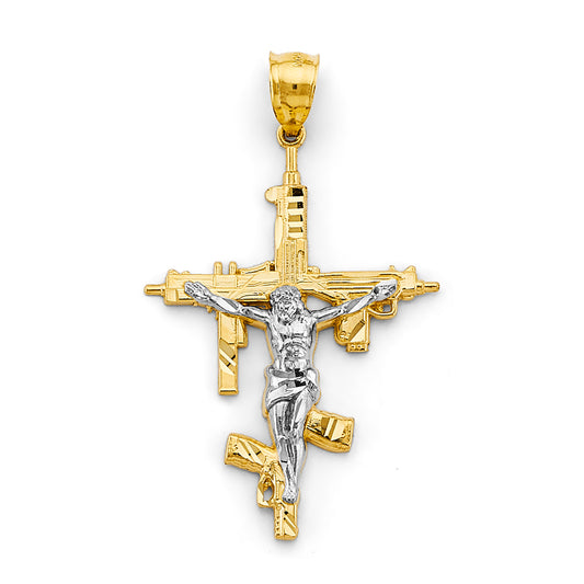 14K Two-Tone Gold Modern Crucifix Pendant with Weapon Motif