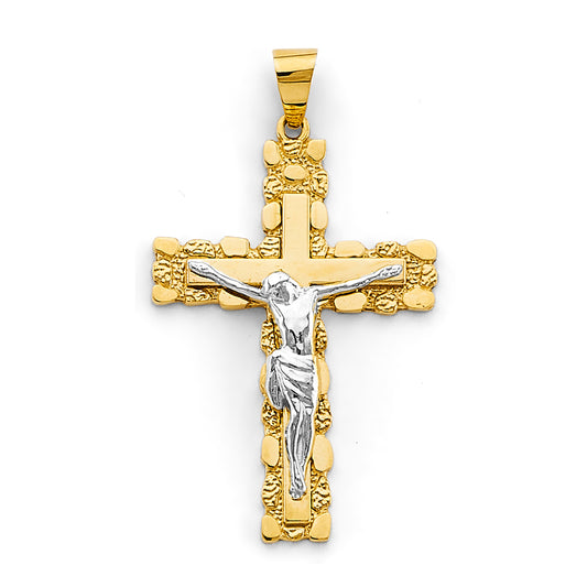 14K Two-Tone Gold Nugget Crucifix Pendant