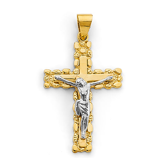 14K Two-Tone Gold Nugget Crucifix Pendant