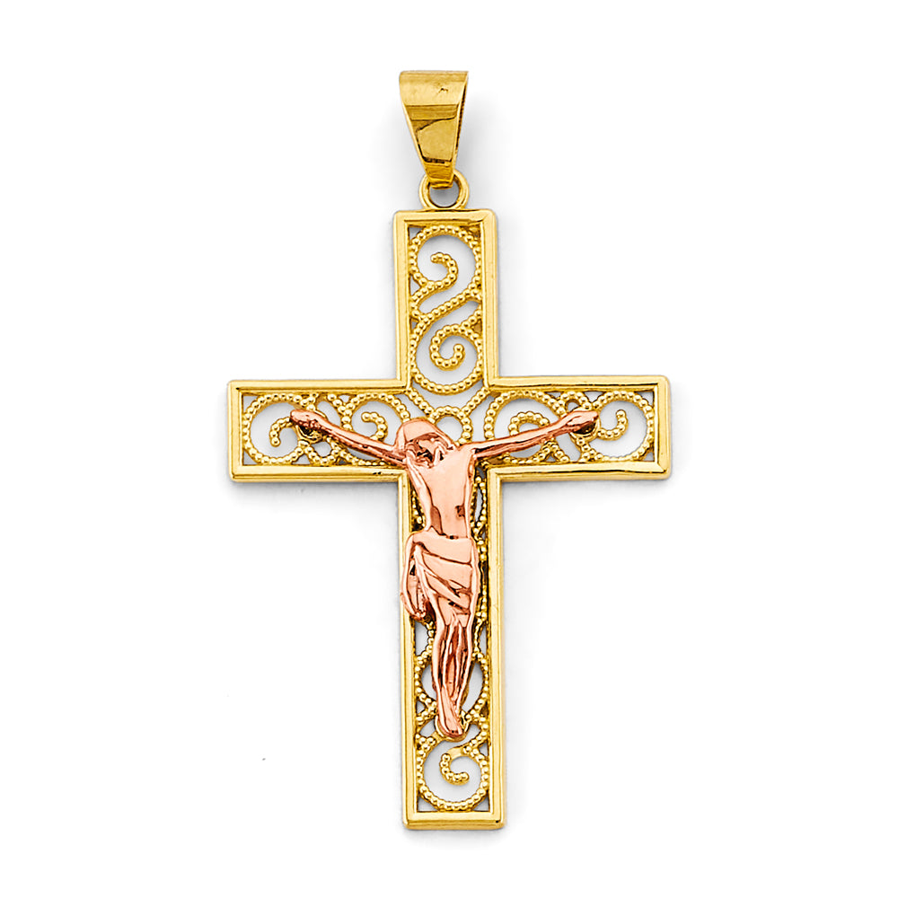 14K Two-Tone Gold Filigree Crucifix Pendant