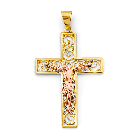 14K Two-Tone Gold Filigree Crucifix Pendant