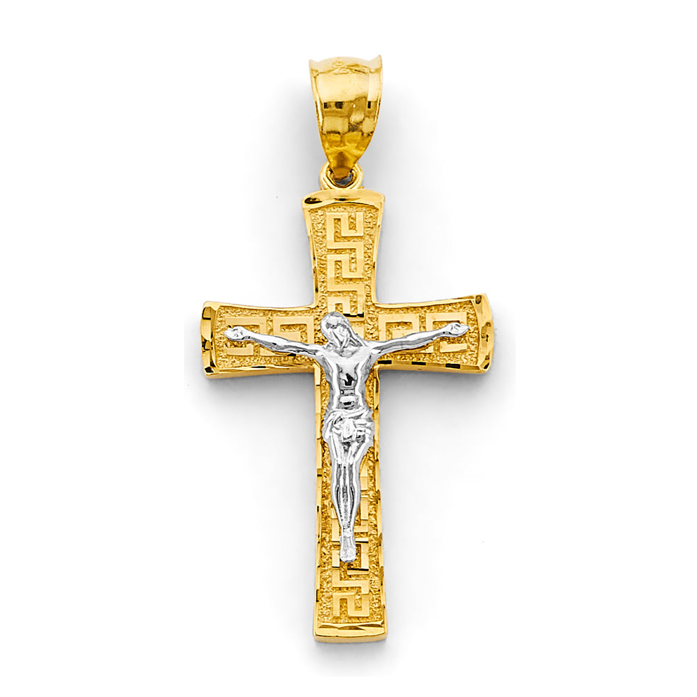 14K Two-Tone Gold Greek Key Crucifix Pendant