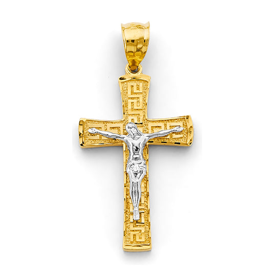 14K Two-Tone Gold Greek Key Crucifix Pendant