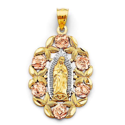 14K Tri-Color Gold Our Lady of Guadalupe  Small Pendant with Rose Accents