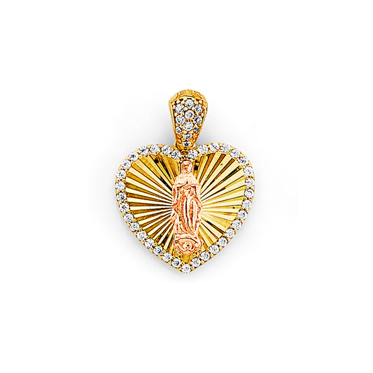 14K Two-Tone Gold Guadalupe Diamond Cut Heart Pendant with CZ Border