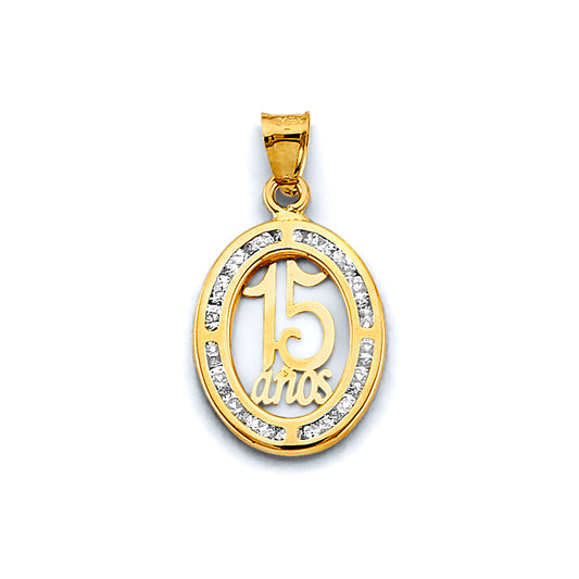 14K Yellow Gold Mis 15 Años Oval Pendant with CZ Border